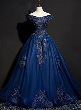 Picture of Charming Blue Off the Shoulder Long Sweet 16 Dresses, Handmade Party Gown